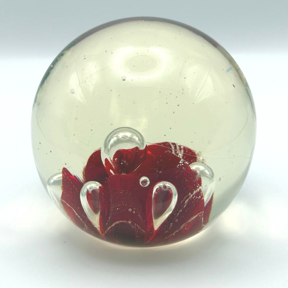 Red Floral Art Glass Paperweight Controlled Bubble 3" Pale Champagne Glass